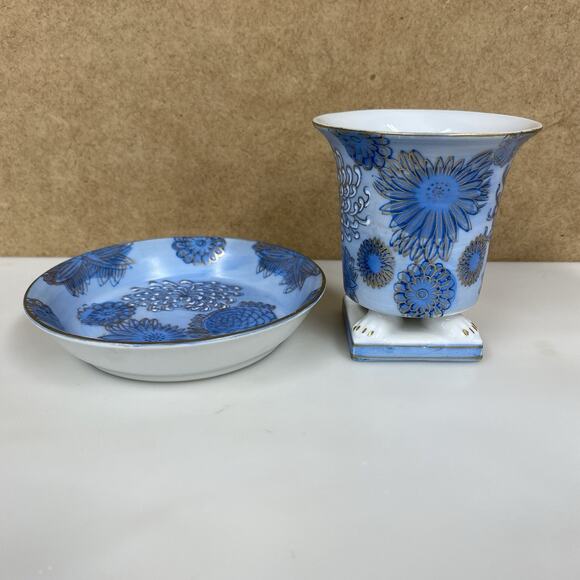 Vtg Andrea by Sadek Chinoiserie Footed Chrysanthemum Small Vase & Dish - Picture 1 of 12
